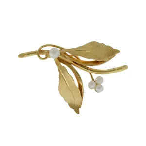 Vintage Retro Era 14KT Yellow Gold Leaf Pin with White Akoya Pearl Flowers