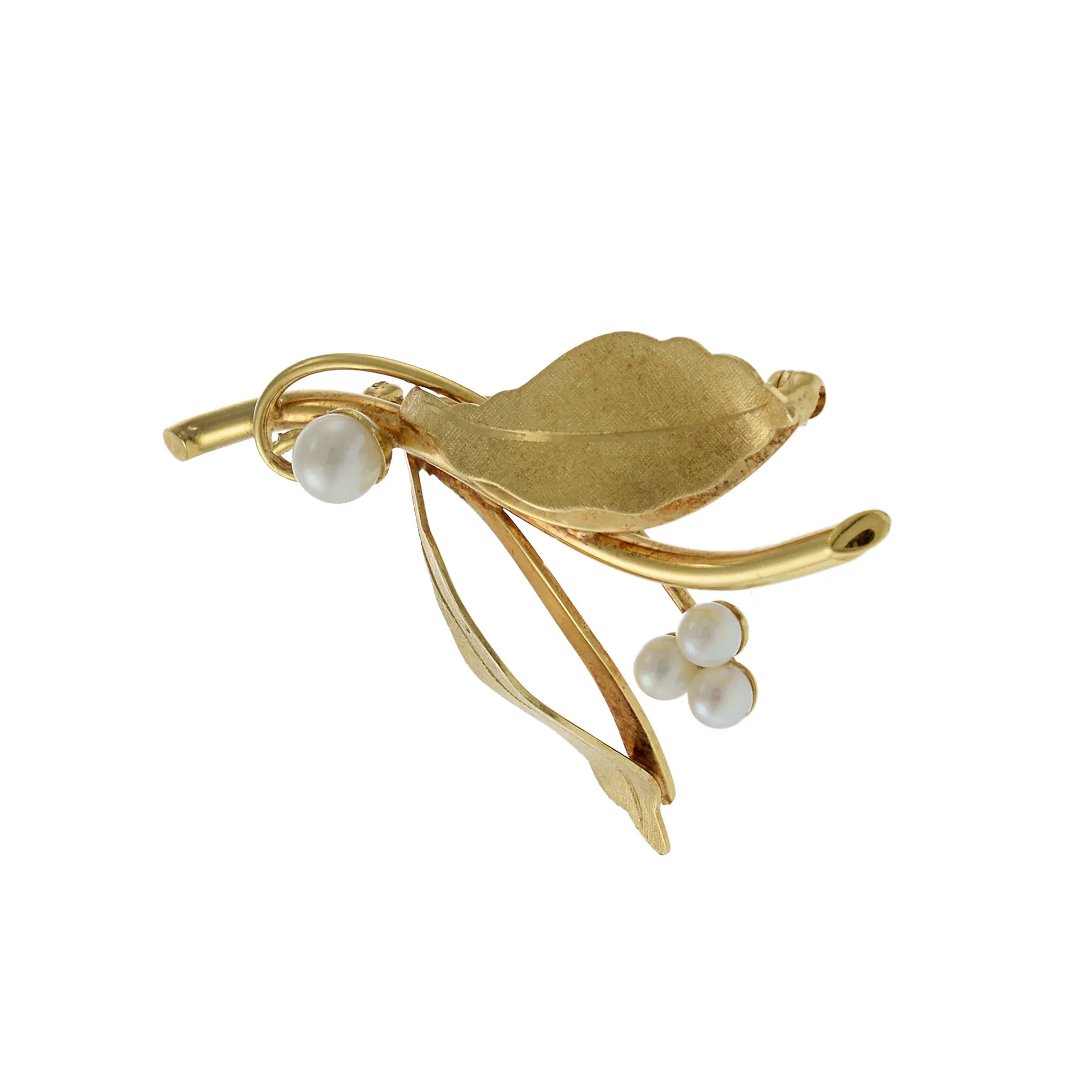 Vintage Retro Era 14KT Yellow Gold Leaf Pin with White Akoya Pearl Flowers