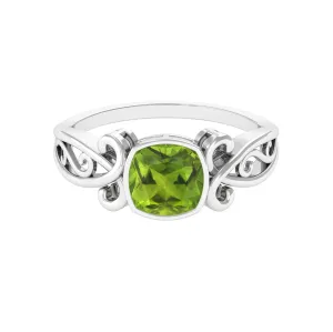 Vintage Style Cushion Cut Peridot Solitaire Ring in Bezel Setting