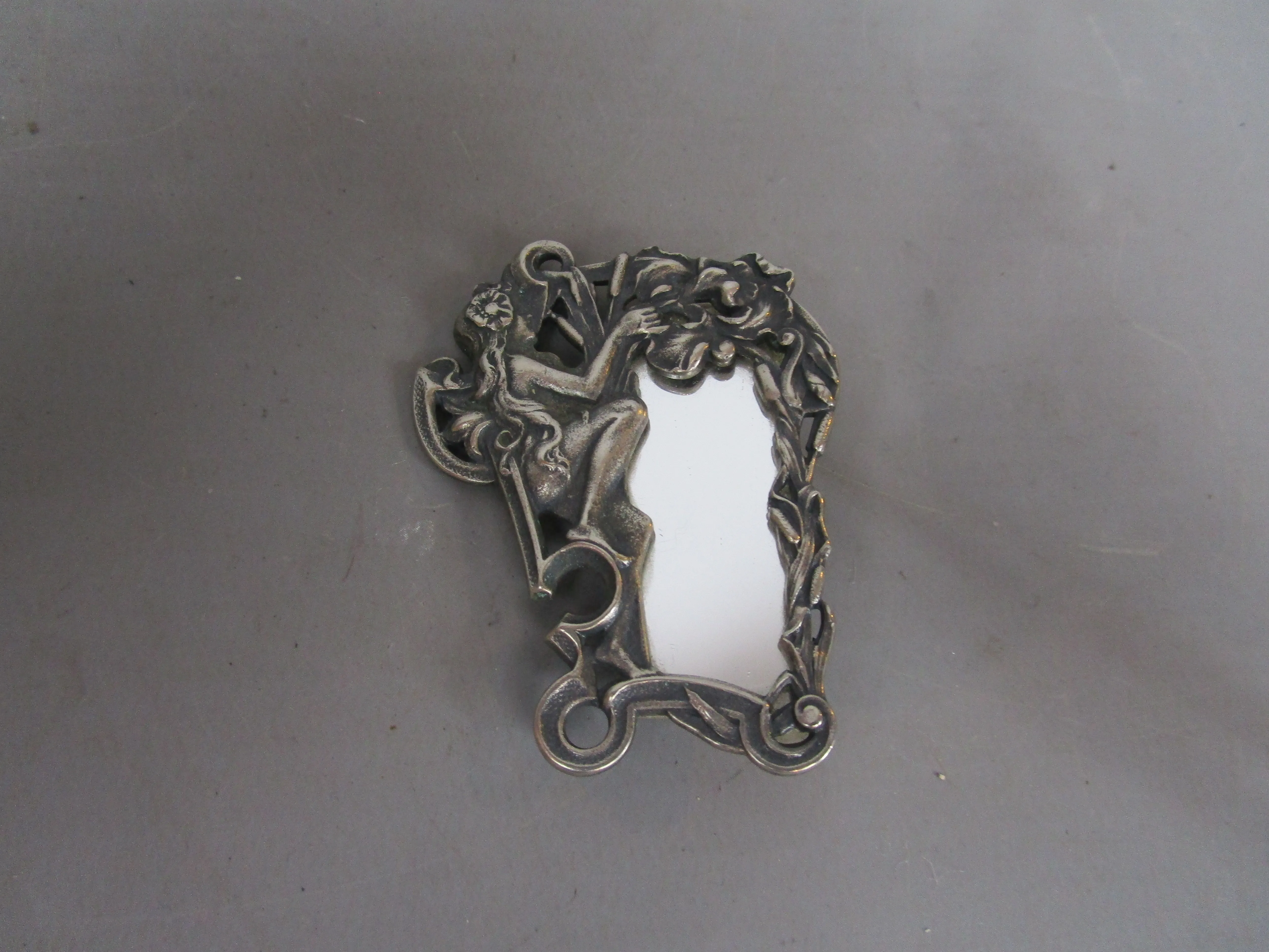 White Metal Mirrored Nymph Brooch Art Nouveau c1910