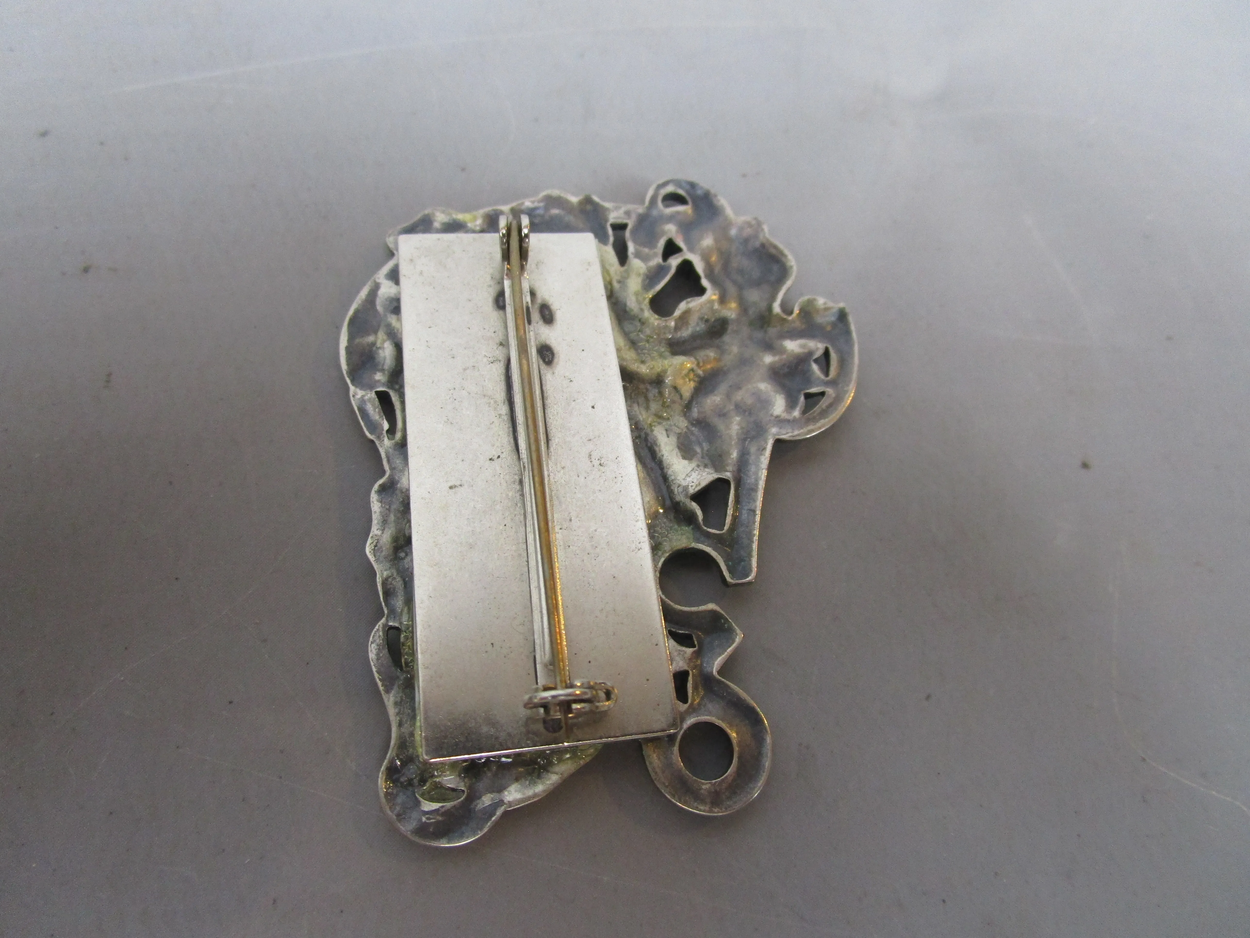 White Metal Mirrored Nymph Brooch Art Nouveau c1910