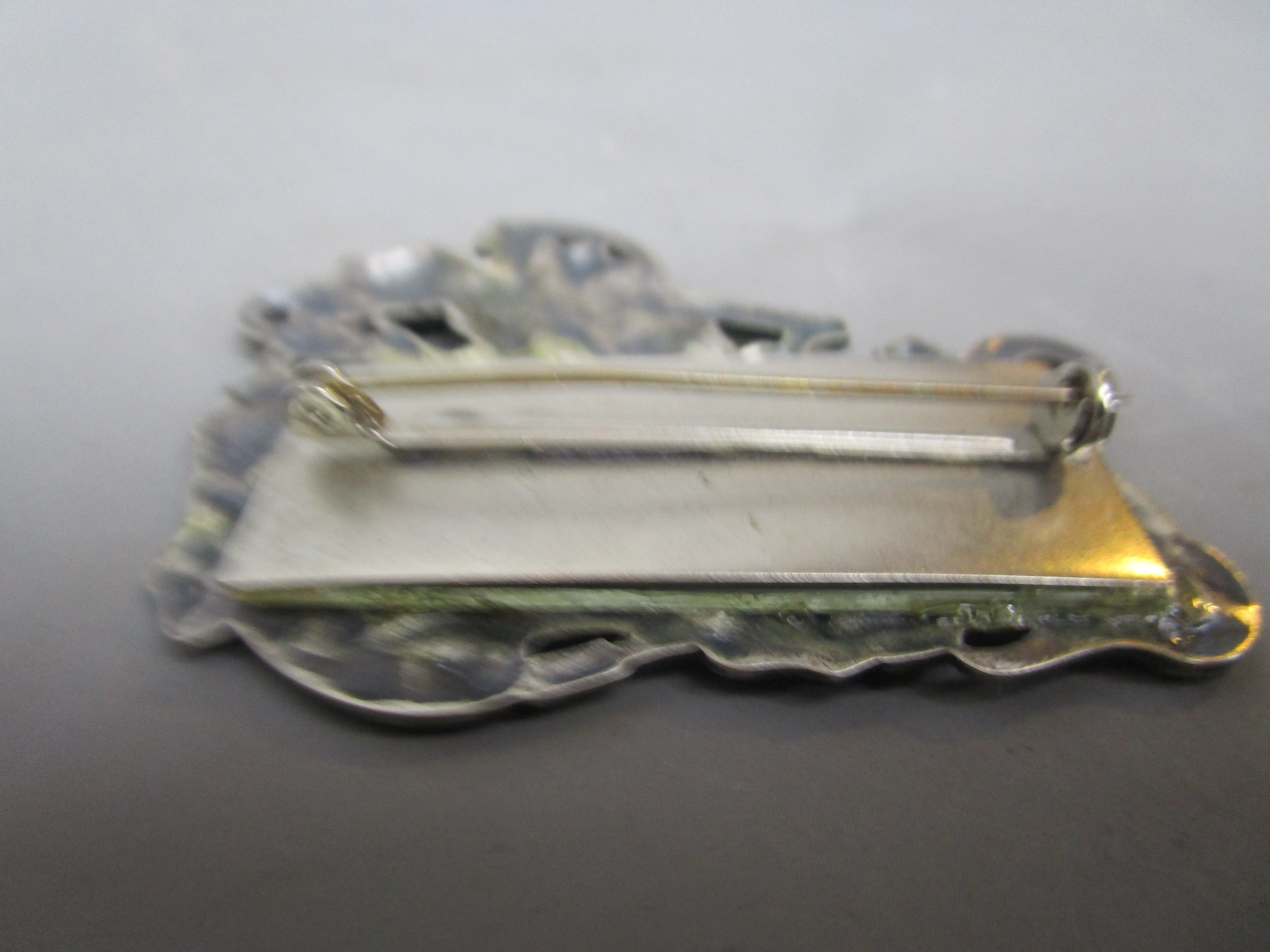 White Metal Mirrored Nymph Brooch Art Nouveau c1910