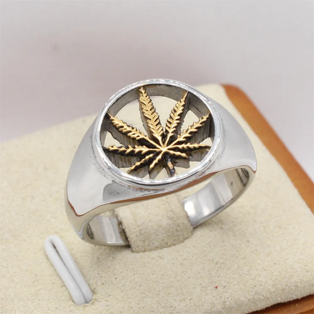 Wholesale European and American Retro Maple Leaf Titanium Steel Rings for Men and Women