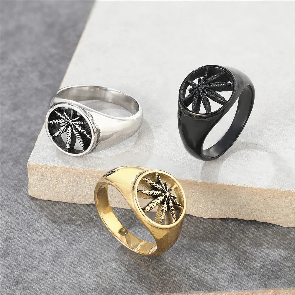 Wholesale European and American Retro Maple Leaf Titanium Steel Rings for Men and Women