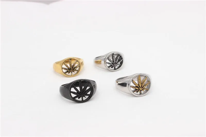 Wholesale European and American Retro Maple Leaf Titanium Steel Rings for Men and Women