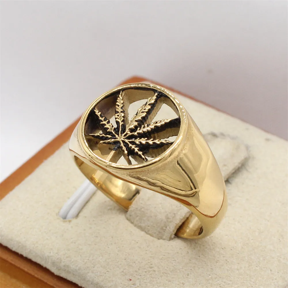 Wholesale European and American Retro Maple Leaf Titanium Steel Rings for Men and Women