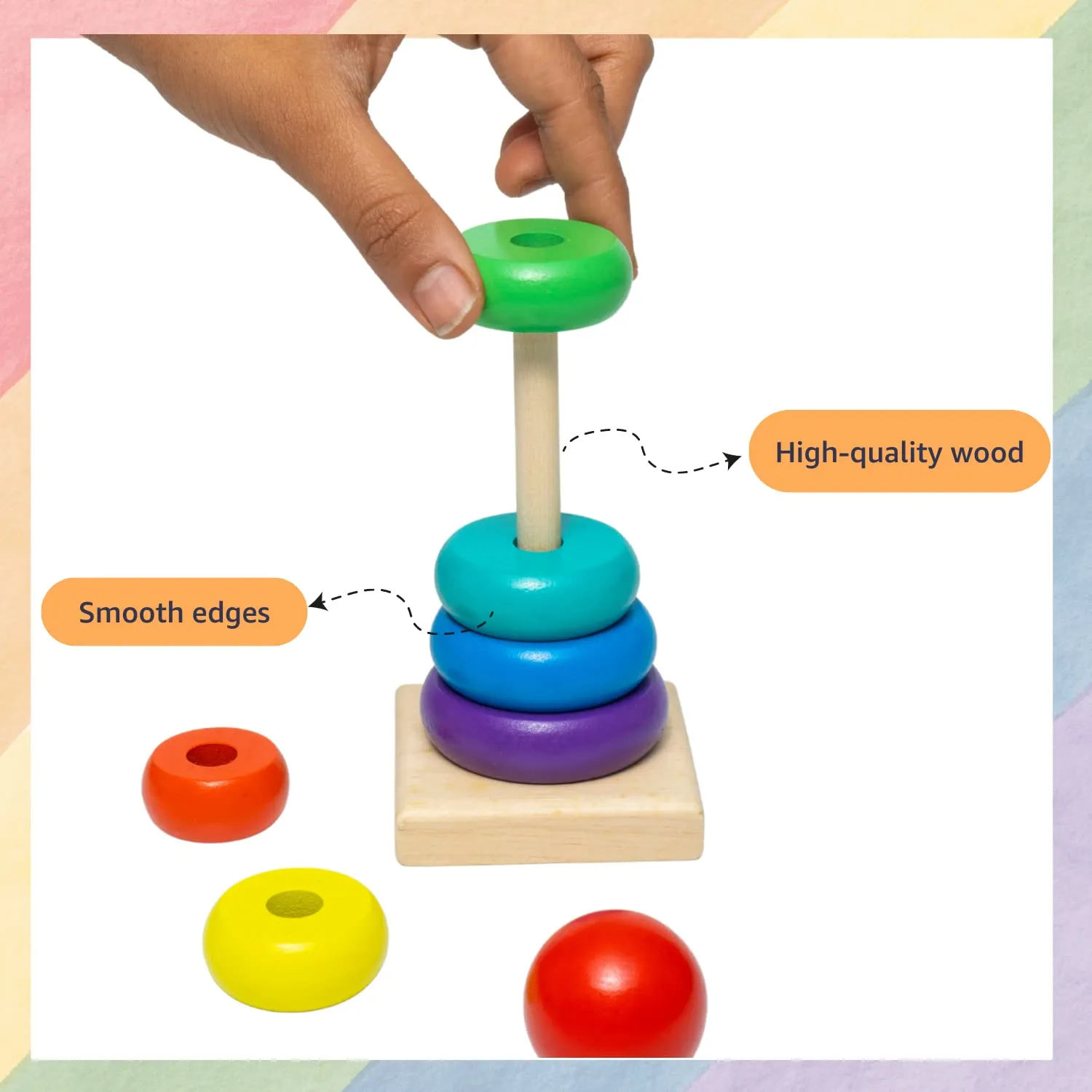 Wooden Rings Stacking Tower | 7 Rings Multicolor Stacking Puzzle Toy for Kids & Children | Early Educational & Development Learning Game