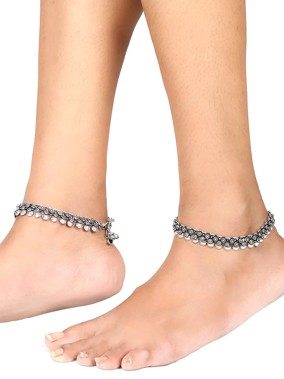 Yellow Chimes Oxidised Silver Anklets for Women Silver Oxidised Anklets Antique 2 Pcs Traditional Payal for Women and Girls